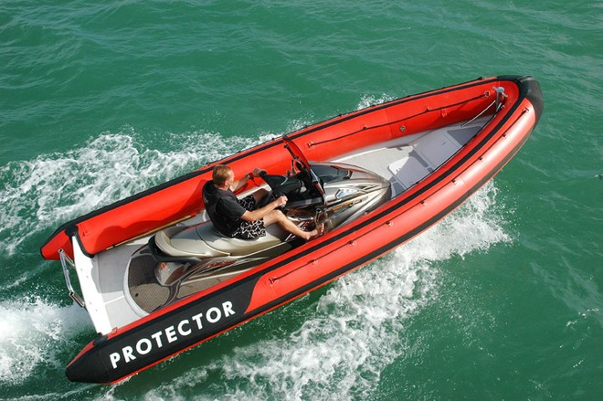 Protector Jet showing the Yamaha PWC incorporated into a RIB, giving a more stable platform, more room, shallow draft and making a great workboat © Protector USA